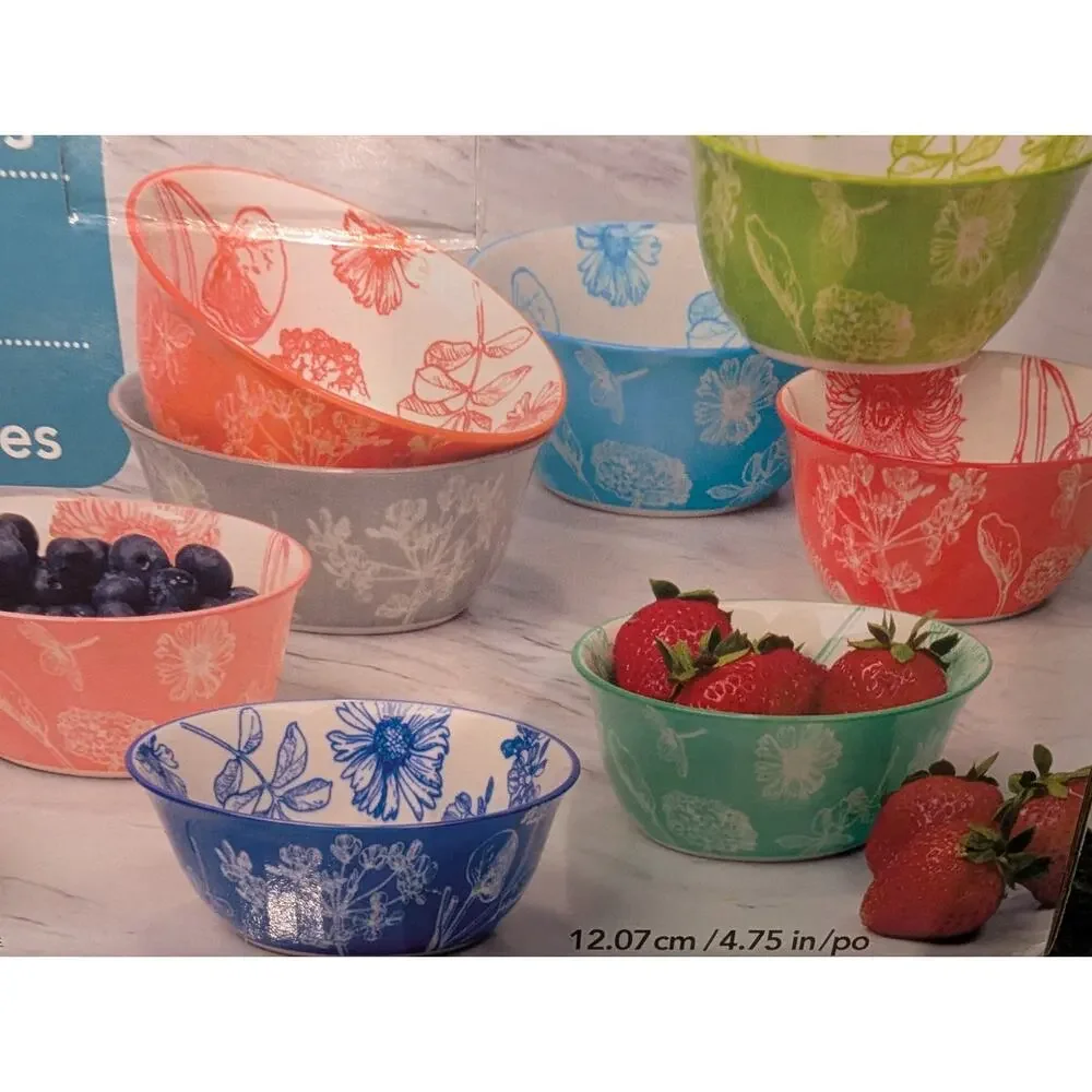 Stoneware Botanical Print bowls, Set of 4, New, Indigo Blue!